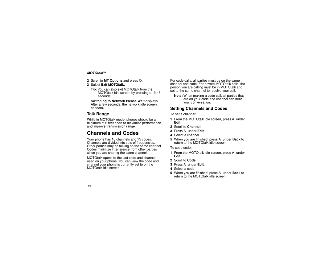 Motorola i760 manual Talk Range, Setting Channels and Codes, MOTOtalkTM, Select Exit MOTOtalk 