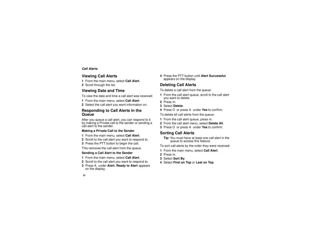 Motorola i760 Viewing Call Alerts, Viewing Date and Time, Responding to Call Alerts in the Queue, Deleting Call Alerts 