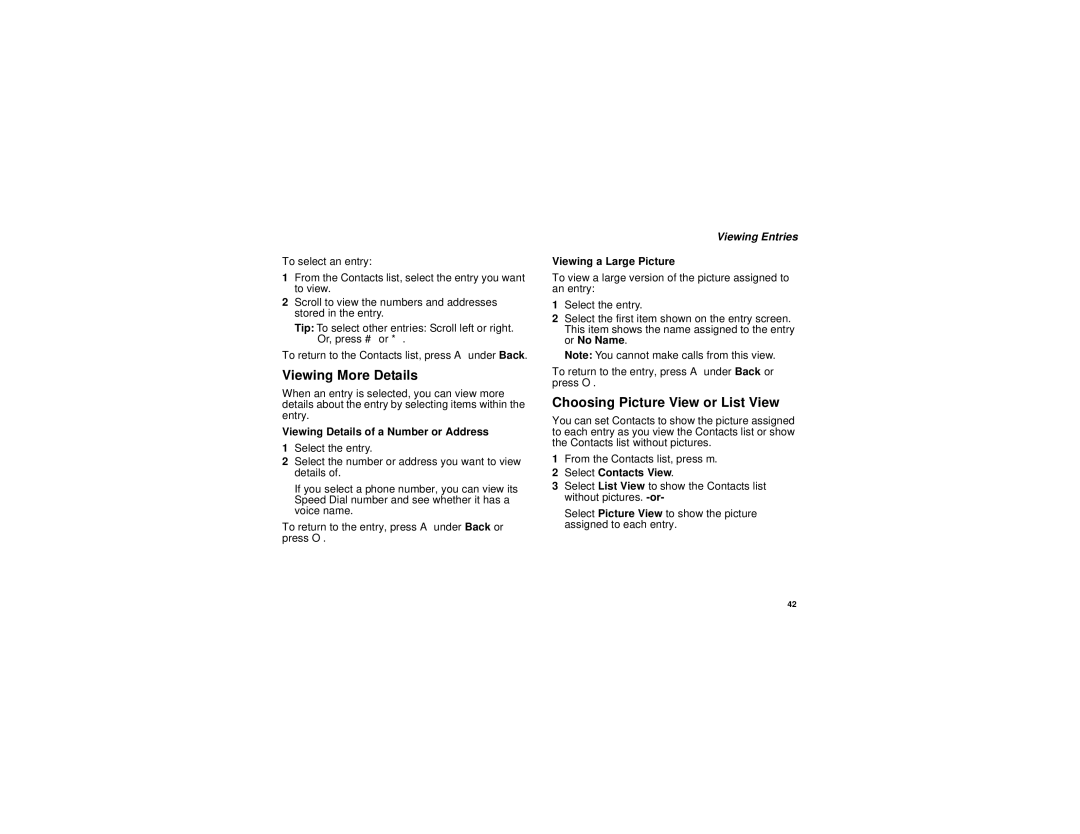 Motorola i760 manual Viewing More Details, Viewing Details of a Number or Address, Viewing Entries, Viewing a Large Picture 