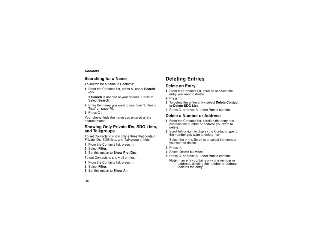 Motorola i760 Deleting Entries, Searching for a Name, Showing Only Private IDs, SDG Lists, and Talkgroups, Delete an Entry 