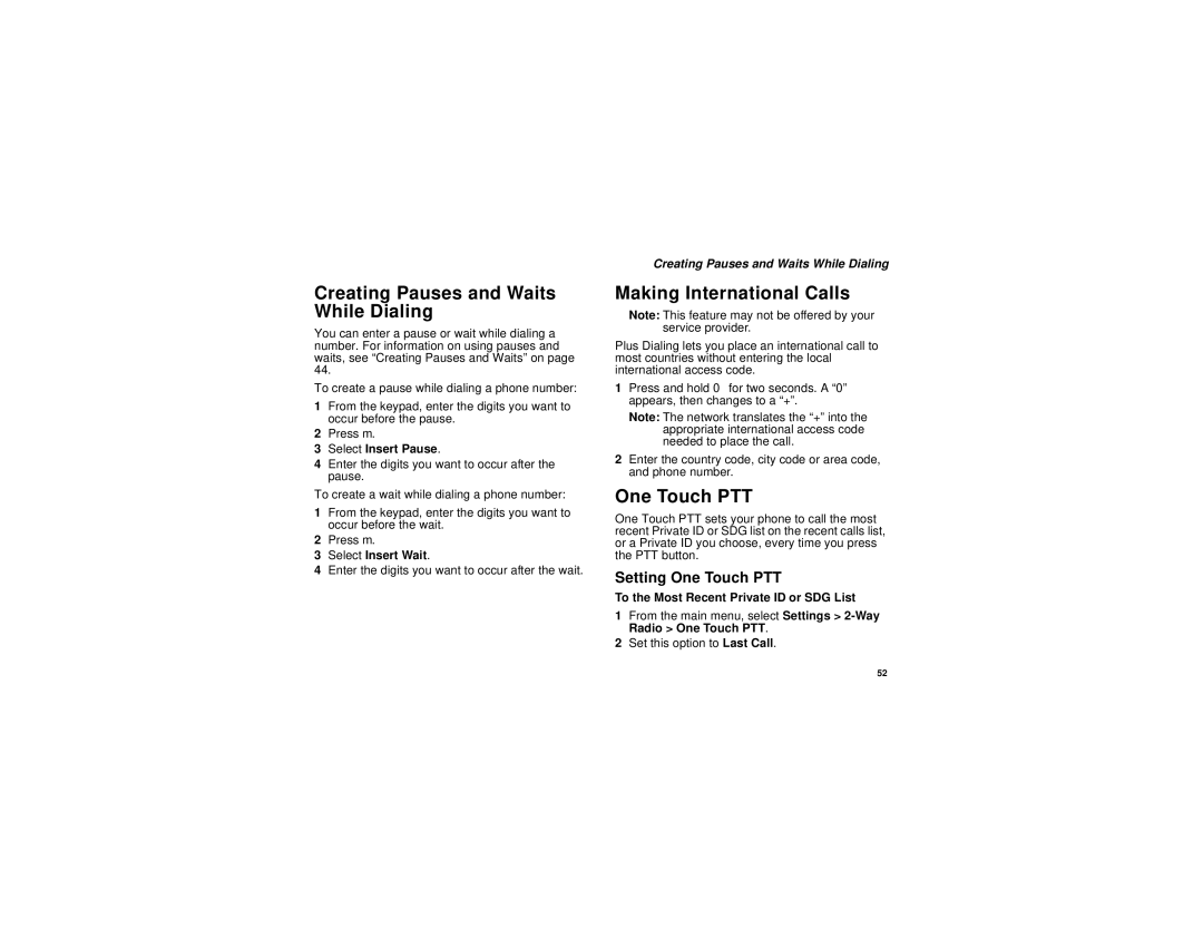 Motorola i760 manual Creating Pauses and Waits While Dialing, Making International Calls, Setting One Touch PTT 