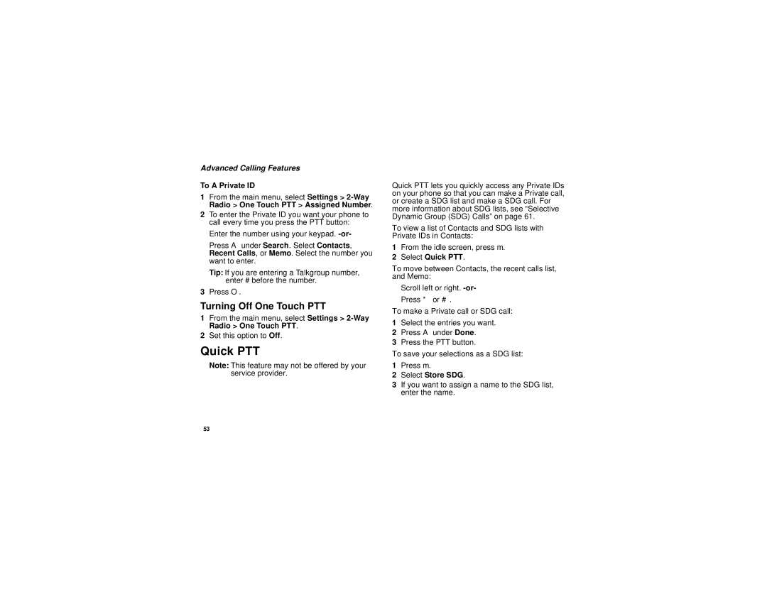 Motorola i760 manual Turning Off One Touch PTT, To a Private ID, Select Quick PTT, Select Store SDG 
