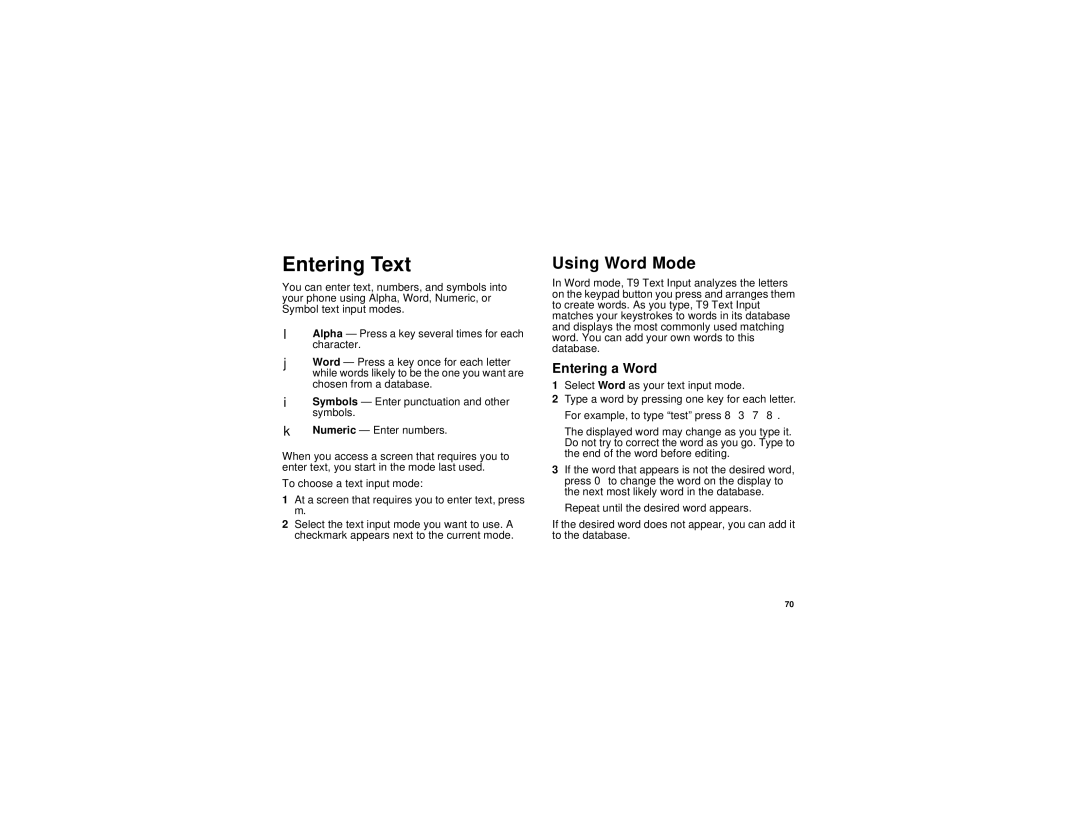 Motorola i760 manual Entering Text, Using Word Mode, Entering a Word 