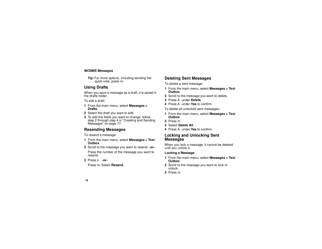 Motorola i760 manual Using Drafts, Resending Messages, Deleting Sent Messages, Locking and Unlocking Sent Messages 