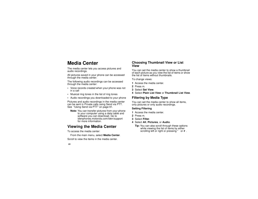 Motorola i760 manual Viewing the Media Center, Choosing Thumbnail View or List View, Filtering by Media Type 