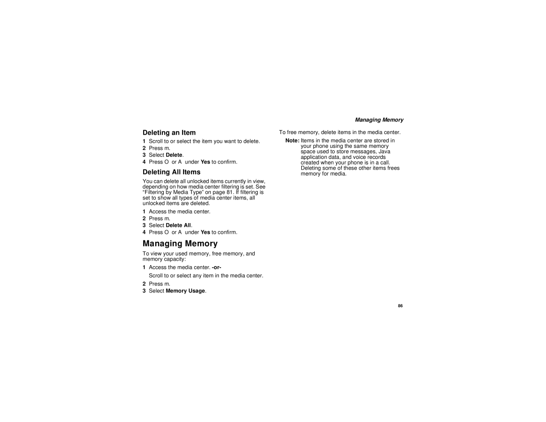 Motorola i760 manual Deleting an Item, Deleting All Items, Managing Memory 