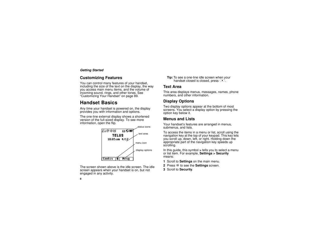 Motorola i830 manual Handset Basics, Customizing Features, Text Area, Display Options, Menus and Lists 