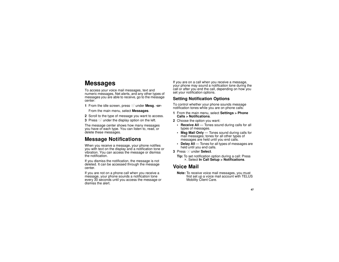 Motorola i830 manual Messages, Message Notifications, Voice Mail, Setting Notification Options 