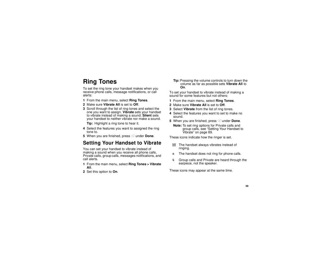 Motorola i830 manual Ring Tones, Setting Your Handset to Vibrate 