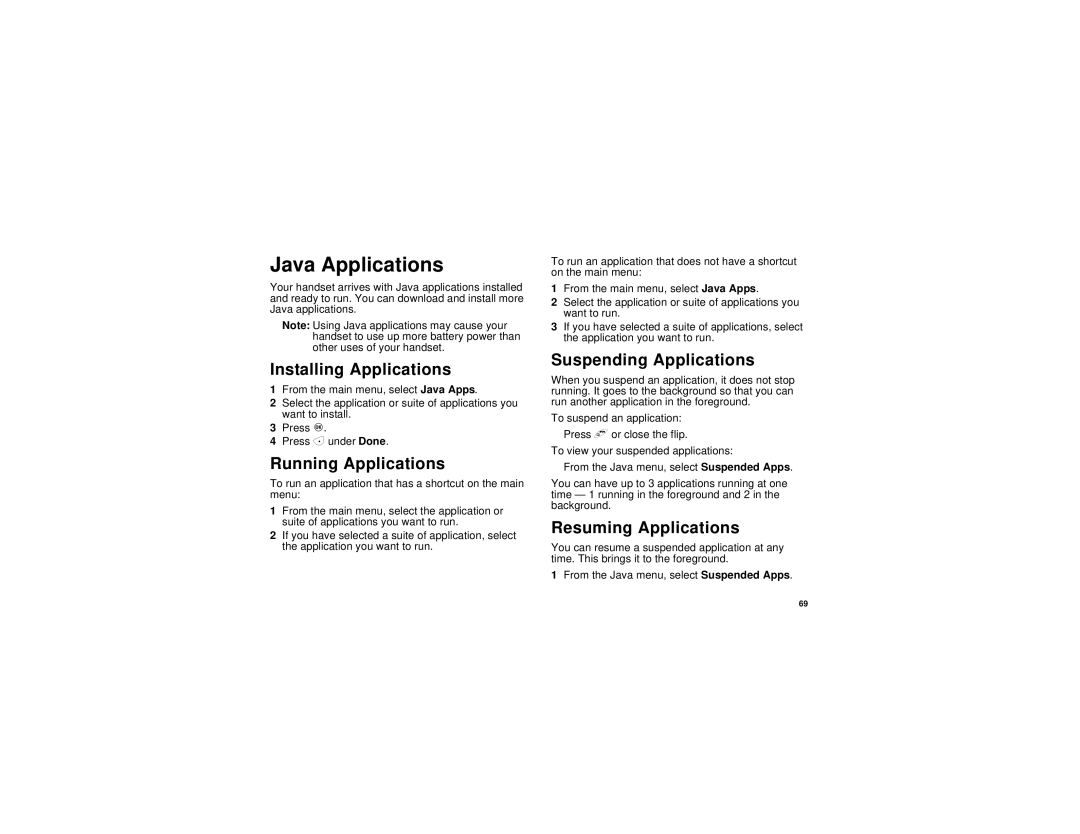 Motorola i830 manual Java Applications, Installing Applications, Running Applications, Suspending Applications 