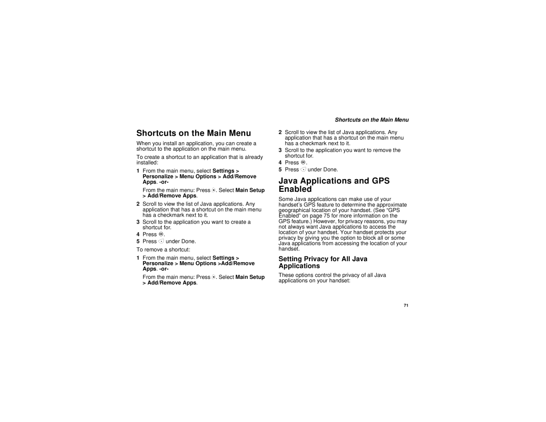Motorola i830 Shortcuts on the Main Menu, Java Applications and GPS Enabled, Setting Privacy for All Java Applications 