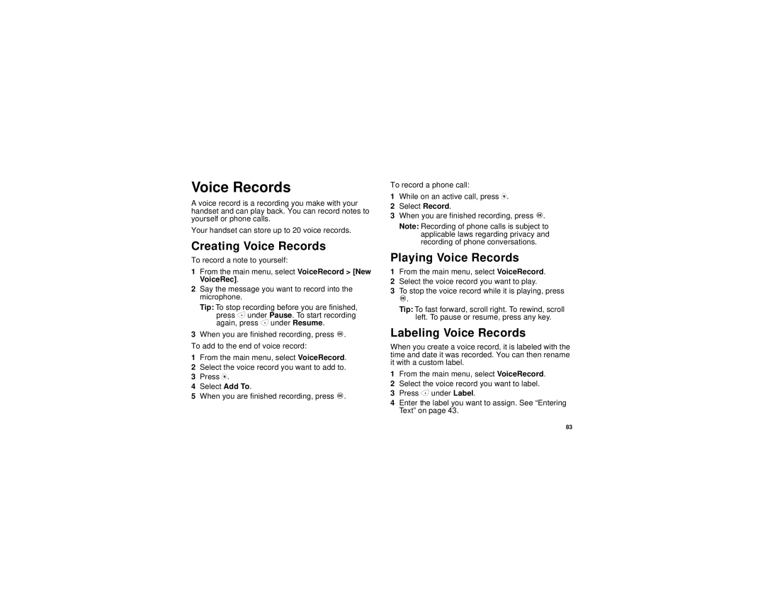 Motorola i830 manual Creating Voice Records, Playing Voice Records, Labeling Voice Records 