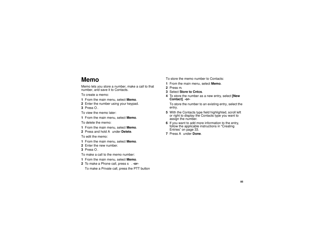 Motorola i830 manual Memo, Select Store to Cntcs 