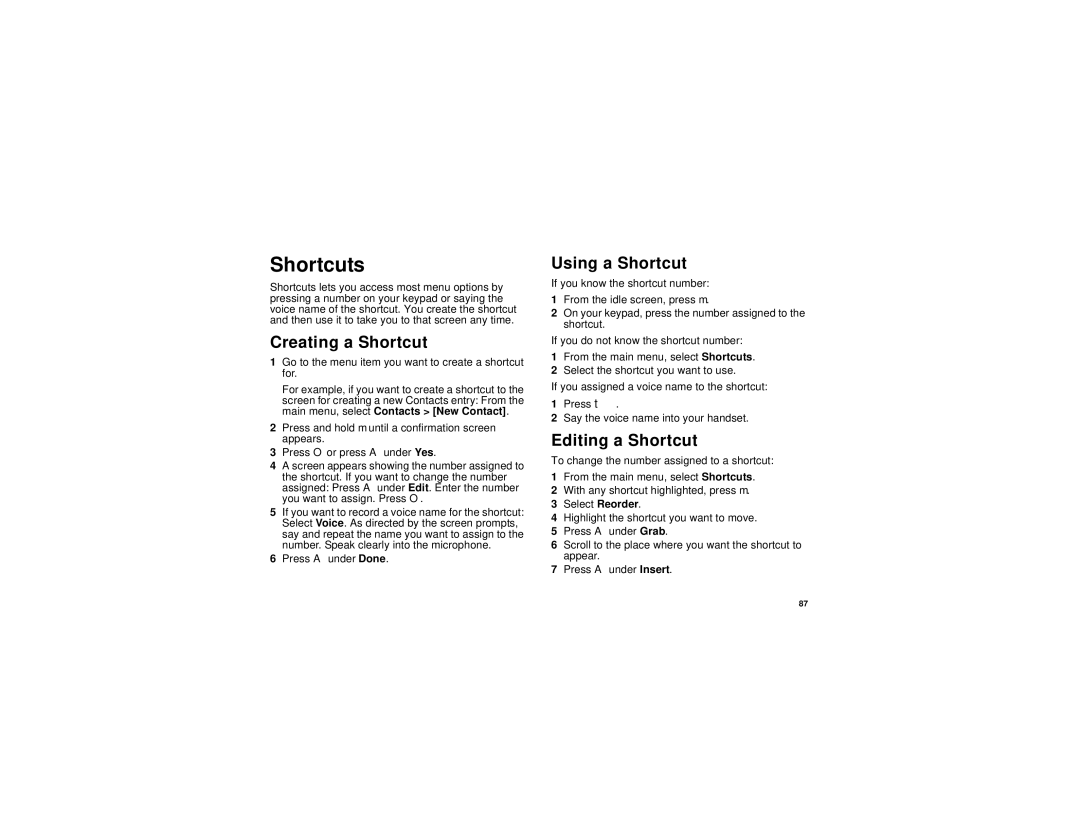 Motorola i830 manual Shortcuts, Creating a Shortcut, Using a Shortcut, Editing a Shortcut 