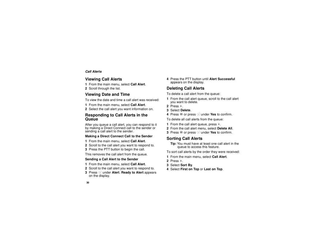 Motorola i830 Viewing Call Alerts, Viewing Date and Time, Responding to Call Alerts in the Queue, Deleting Call Alerts 