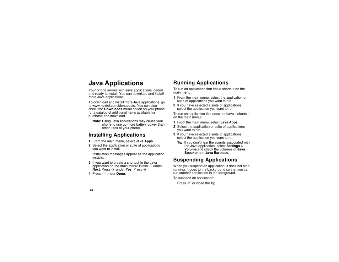 Motorola i830 manual Java Applications, Installing Applications, Running Applications, Suspending Applications 