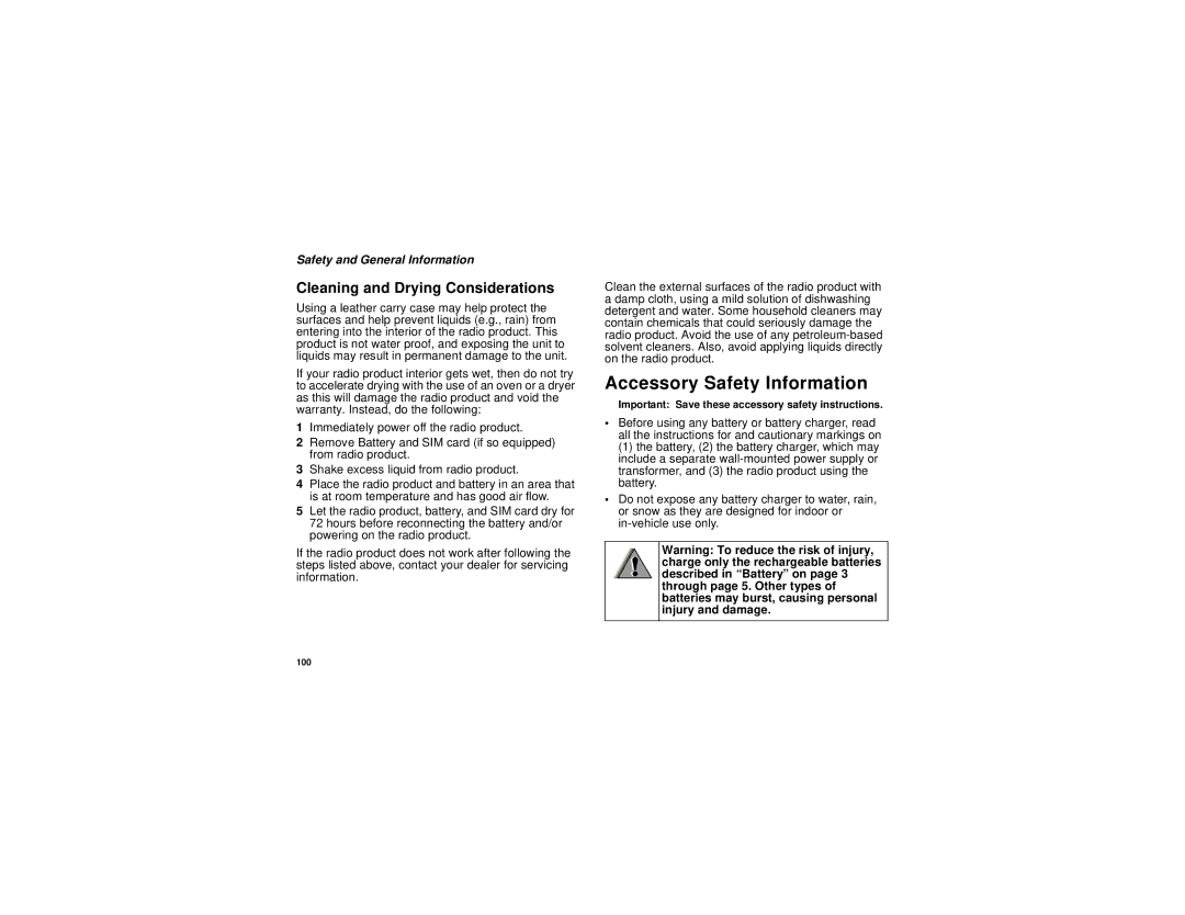 Motorola i833 manual Accessory Safety Information, Cleaning and Drying Considerations 