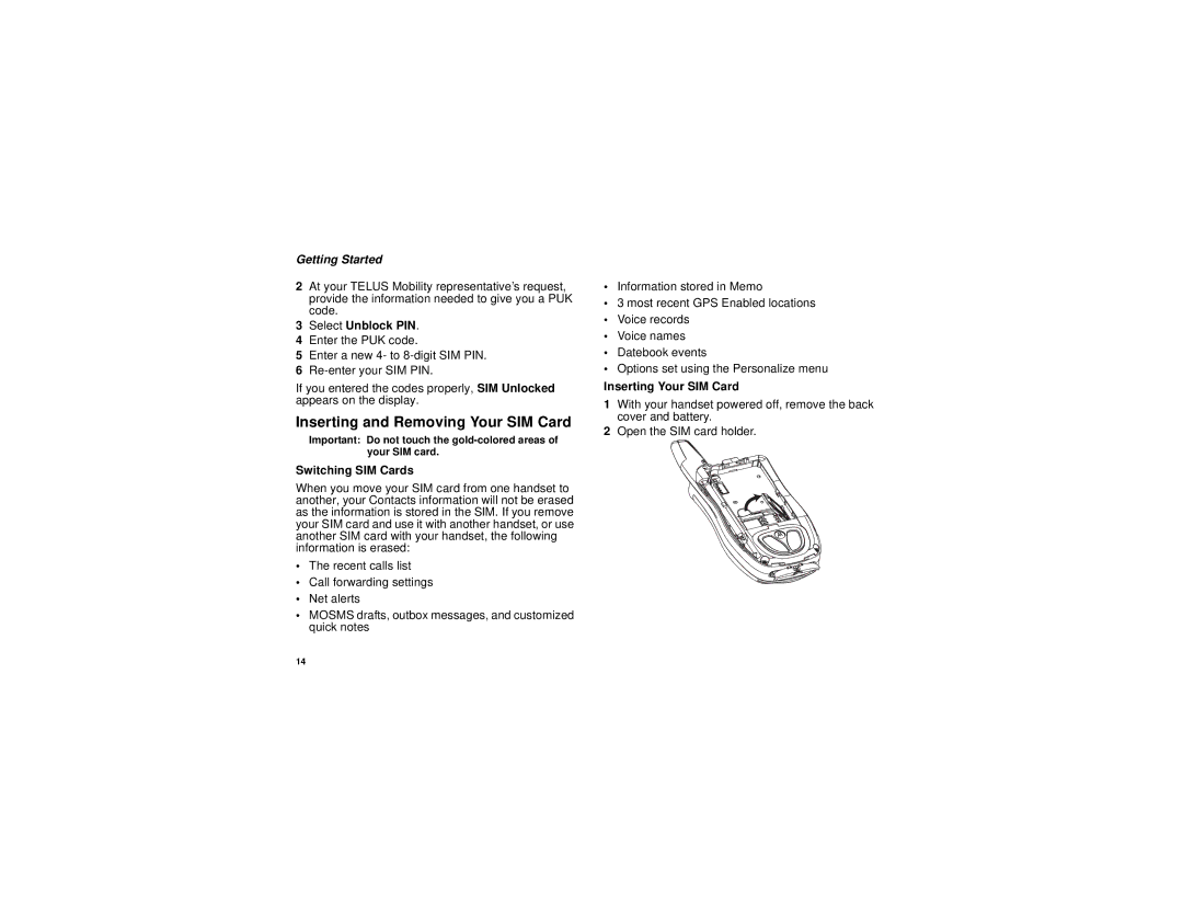 Motorola i833 manual Inserting and Removing Your SIM Card, Select Unblock PIN, Switching SIM Cards, Inserting Your SIM Card 