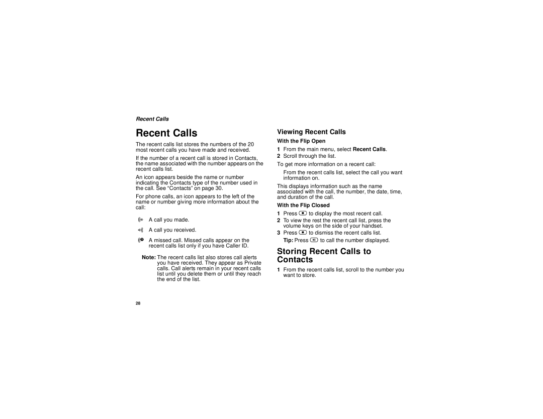 Motorola i833 manual Storing Recent Calls to Contacts, Viewing Recent Calls 