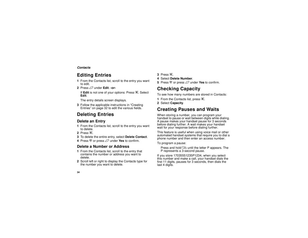 Motorola i833 manual Editing Entries, Deleting Entries, Checking Capacity, Creating Pauses and Waits 