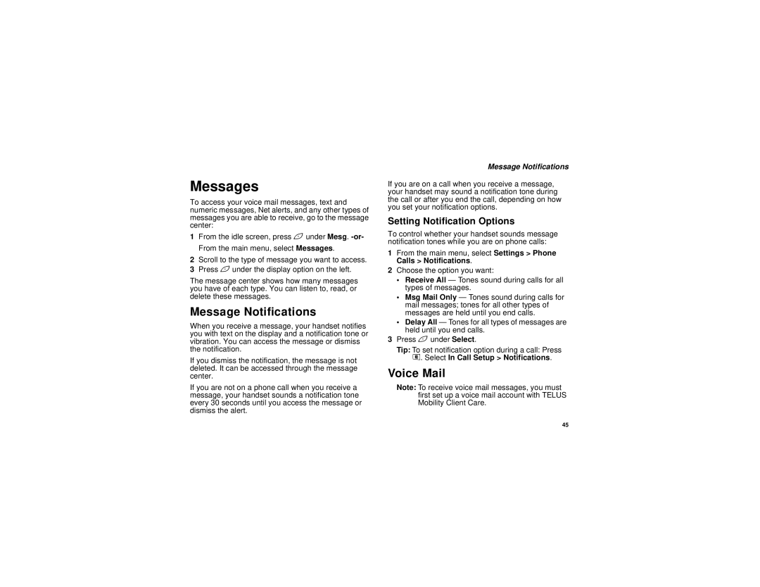 Motorola i833 manual Messages, Message Notifications, Voice Mail, Setting Notification Options 