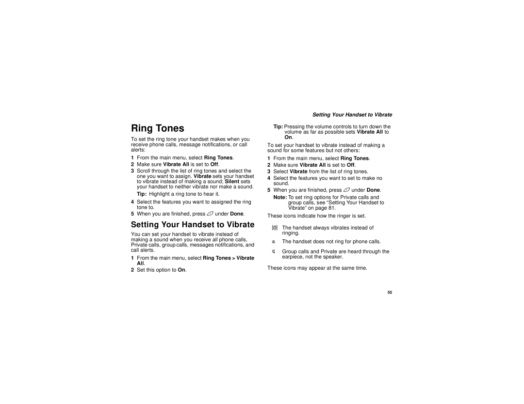 Motorola i833 manual Ring Tones, Setting Your Handset to Vibrate 