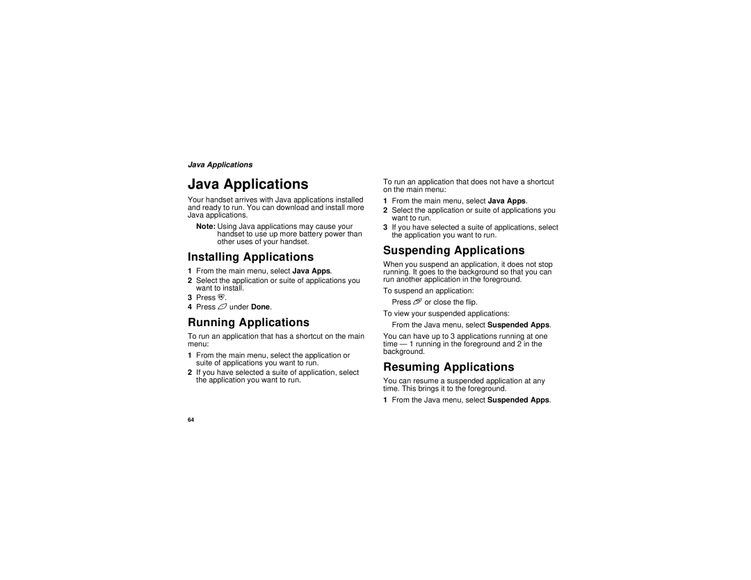 Motorola i833 manual Java Applications, Installing Applications, Running Applications, Suspending Applications 