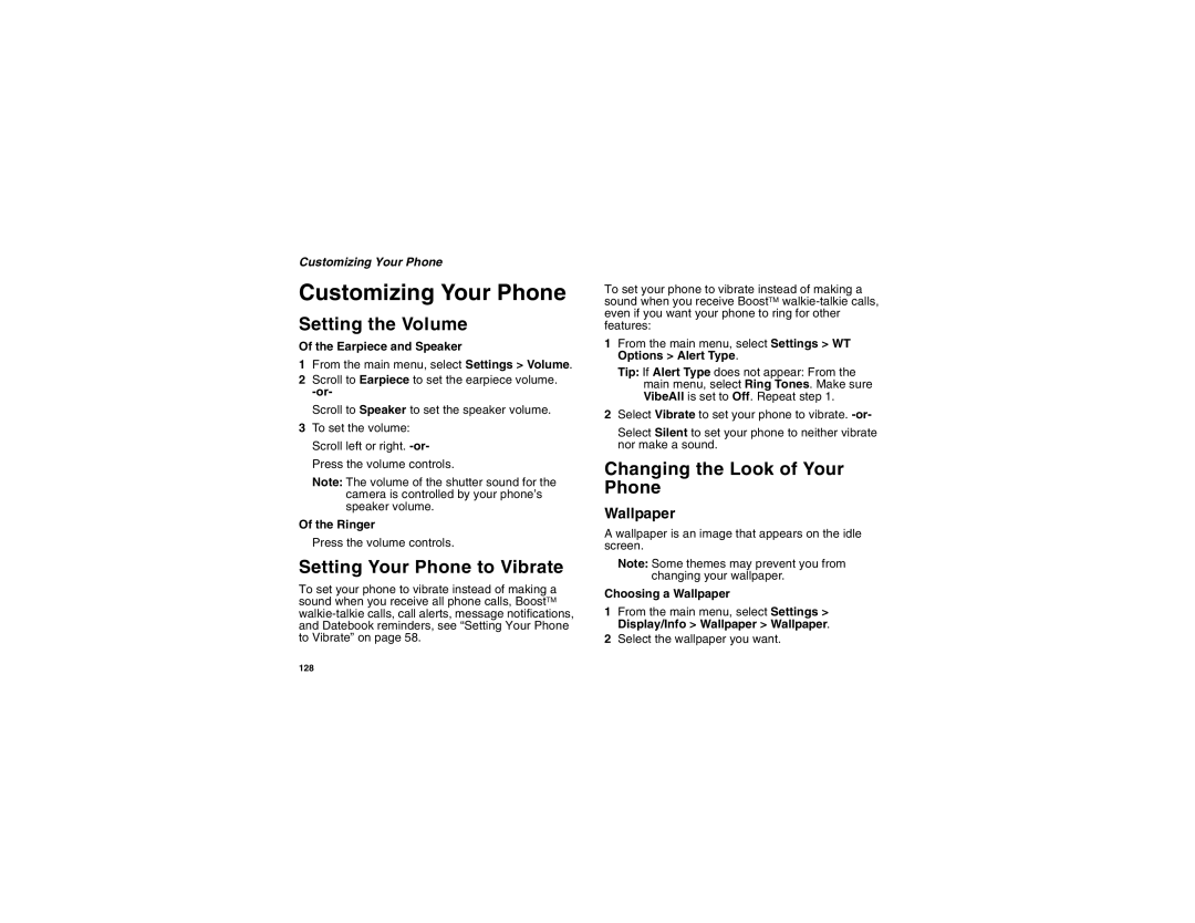 Motorola i835 manual Customizing Your Phone, Setting the Volume, Changing the Look of Your Phone, Wallpaper 