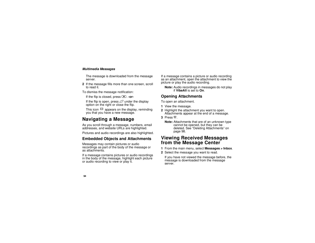 Motorola i836 Navigating a Message, Viewing Received Messages from the Message Center, Embedded Objects and Attachments 