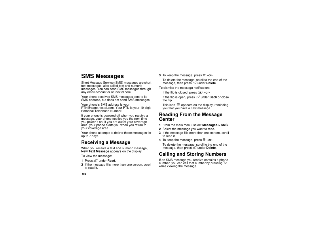 Motorola i836 manual SMS Messages, Reading From the Message Center, Calling and Storing Numbers 