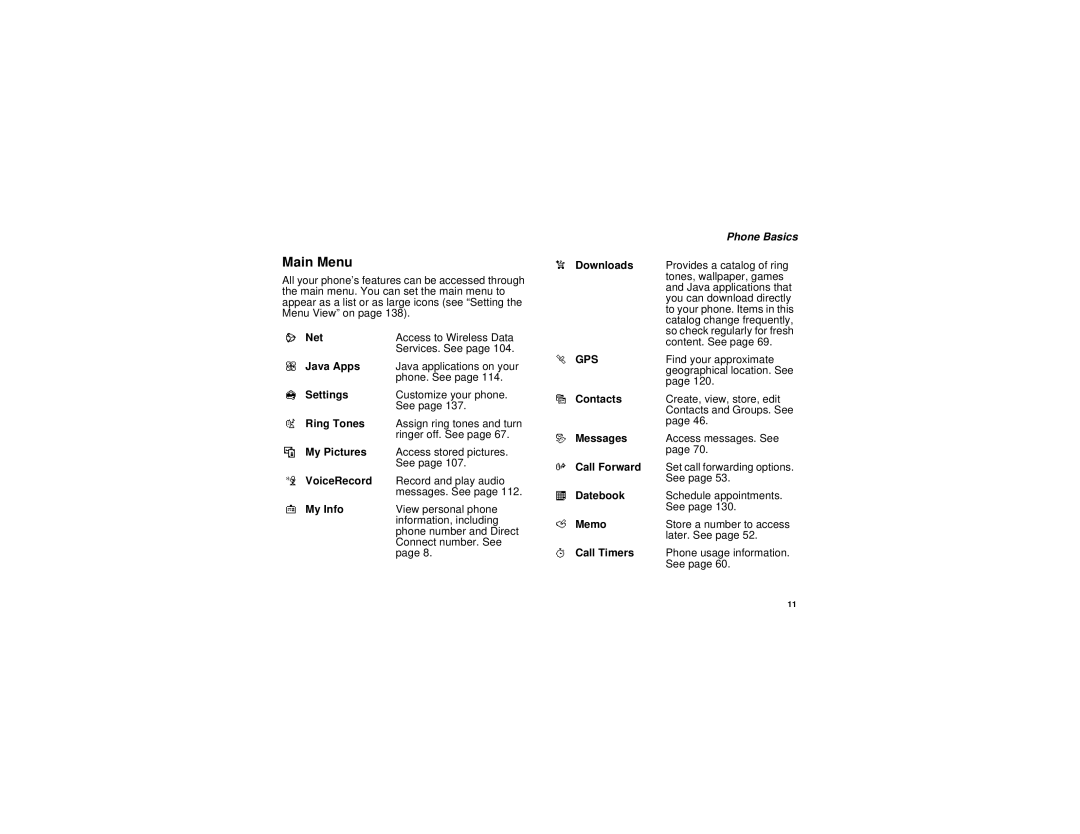 Motorola i836 manual Main Menu, Phone Basics 