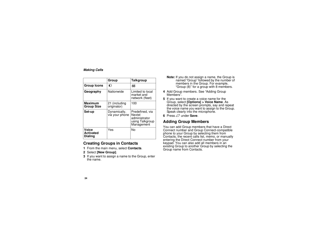 Motorola i836 manual Creating Groups in Contacts, Adding Group Members, Making Calls 