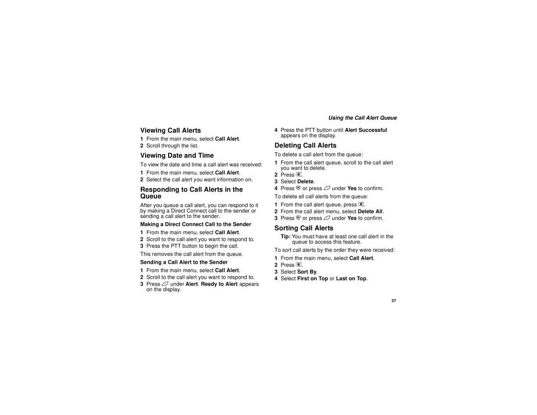 Motorola i836 Viewing Call Alerts, Viewing Date and Time, Responding to Call Alerts in the Queue, Deleting Call Alerts 