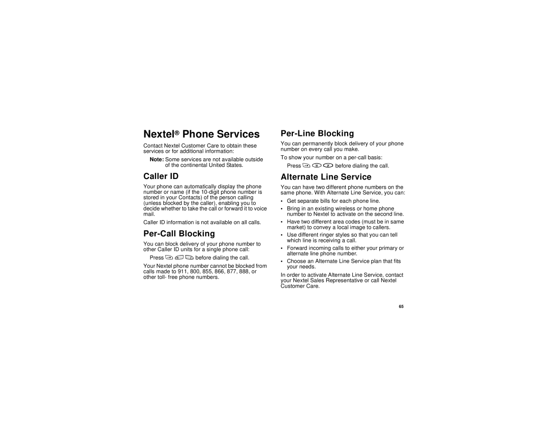 Motorola i836 manual Nextel Phone Services, Caller ID, Per-Call Blocking, Per-Line Blocking, Alternate Line Service 