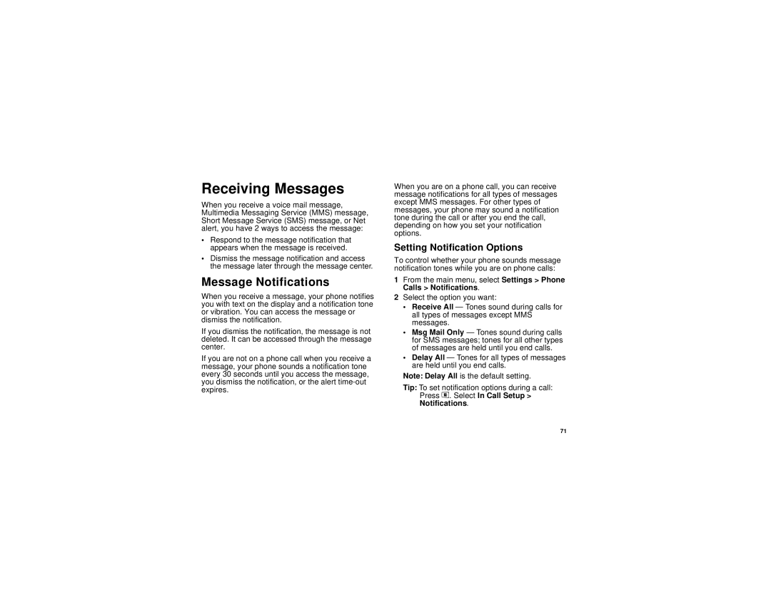 Motorola i836 manual Receiving Messages, Message Notifications, Setting Notification Options 