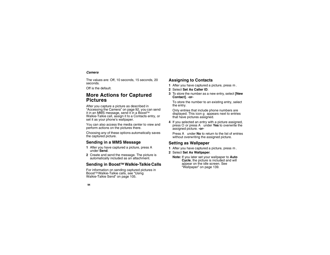 Motorola i855 manual More Actions for Captured Pictures, Sending in a MMS Message, Sending in BoostTM Walkie-Talkie Calls 