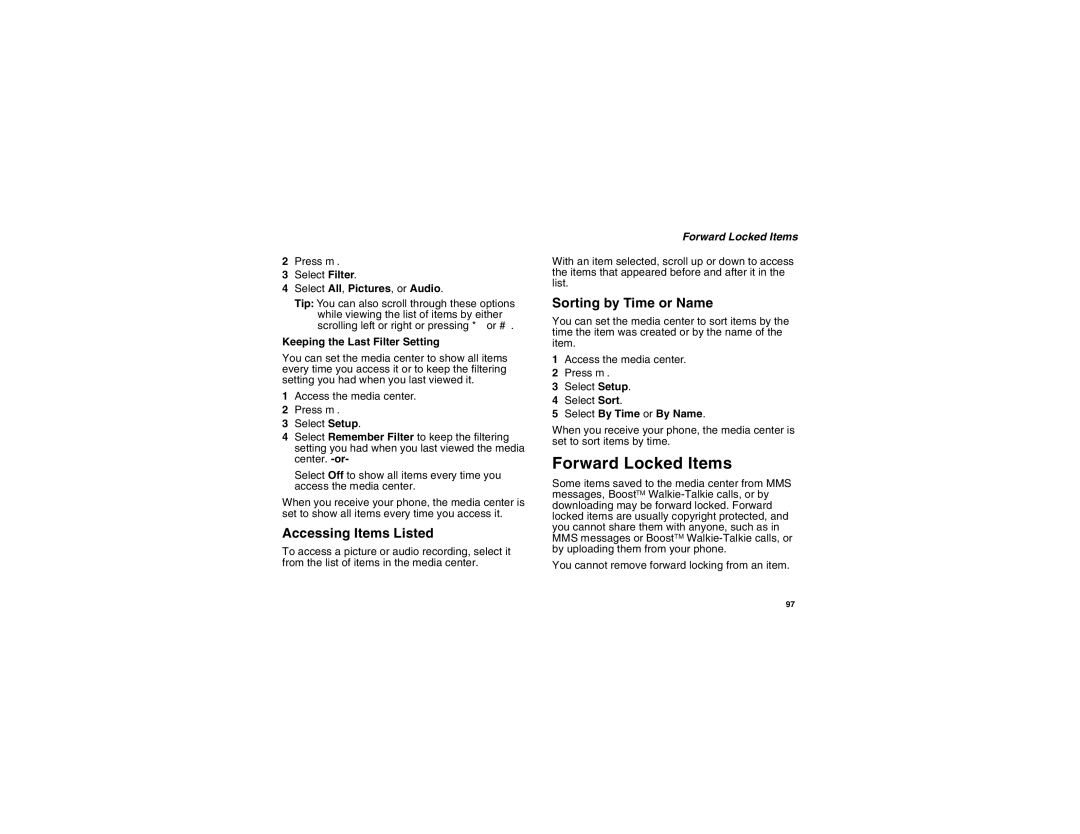 Motorola i855 manual Forward Locked Items, Accessing Items Listed, Sorting by Time or Name 