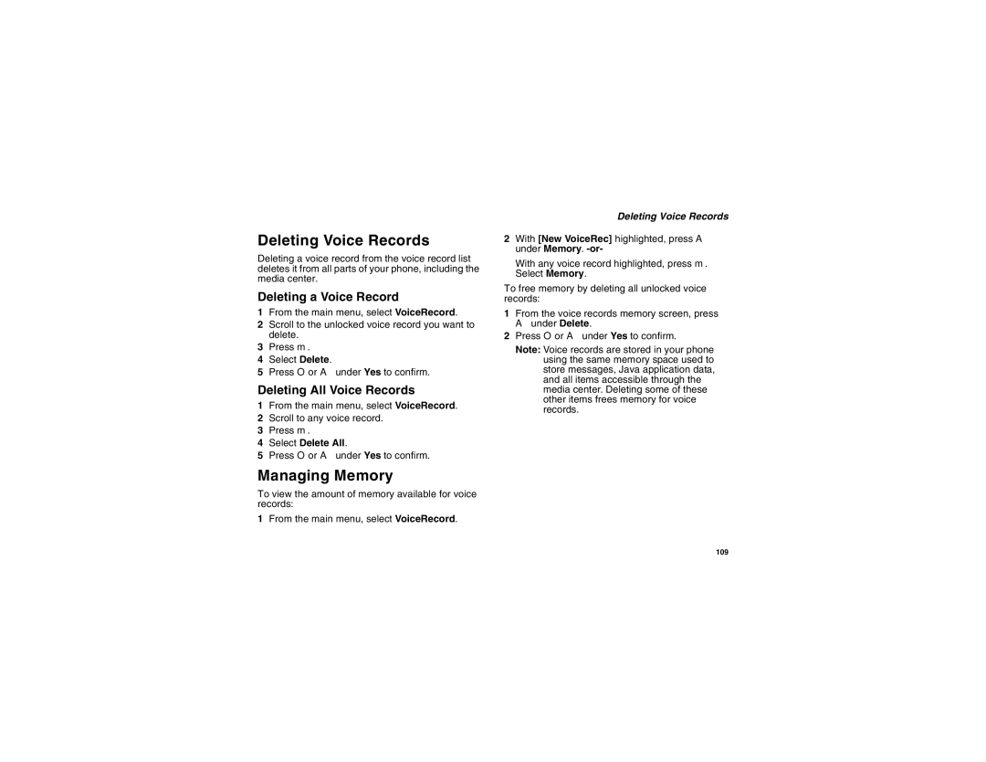 Motorola i855 manual Deleting Voice Records, Deleting a Voice Record, Deleting All Voice Records 