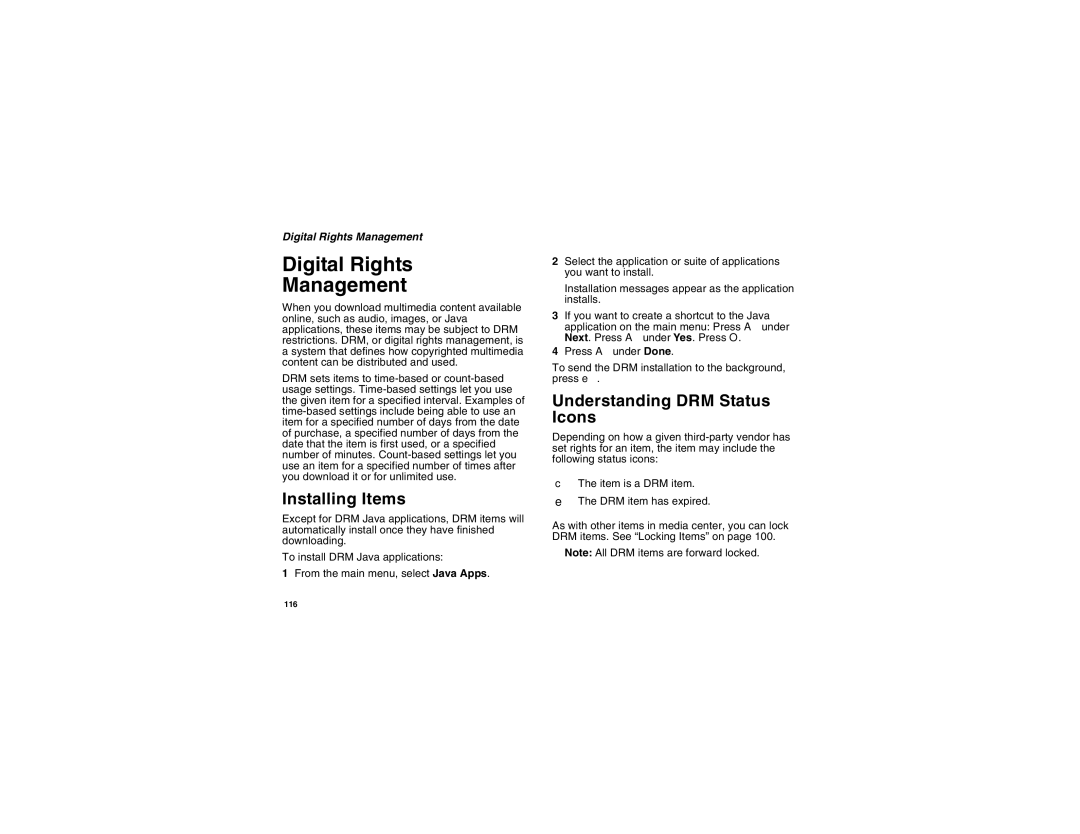 Motorola i855 manual Digital Rights Management, Installing Items, Understanding DRM Status Icons 