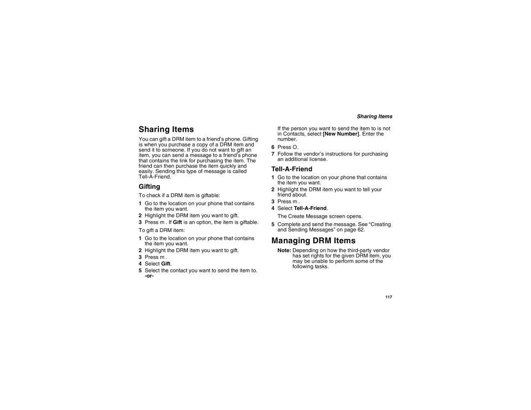 Motorola i855 manual Sharing Items, Managing DRM Items, Gifting, Tell-A-Friend 