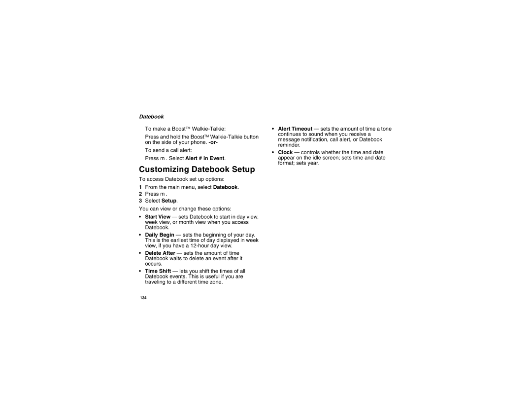 Motorola i855 manual Customizing Datebook Setup 