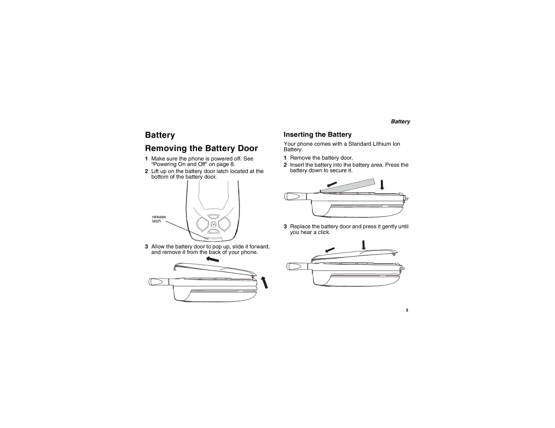 Motorola i855 manual Battery Removing the Battery Door, Inserting the Battery 