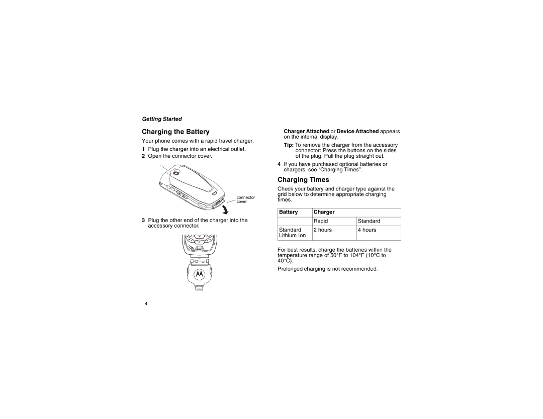 Motorola i855 manual Charging the Battery, Charging Times, Battery Charger 