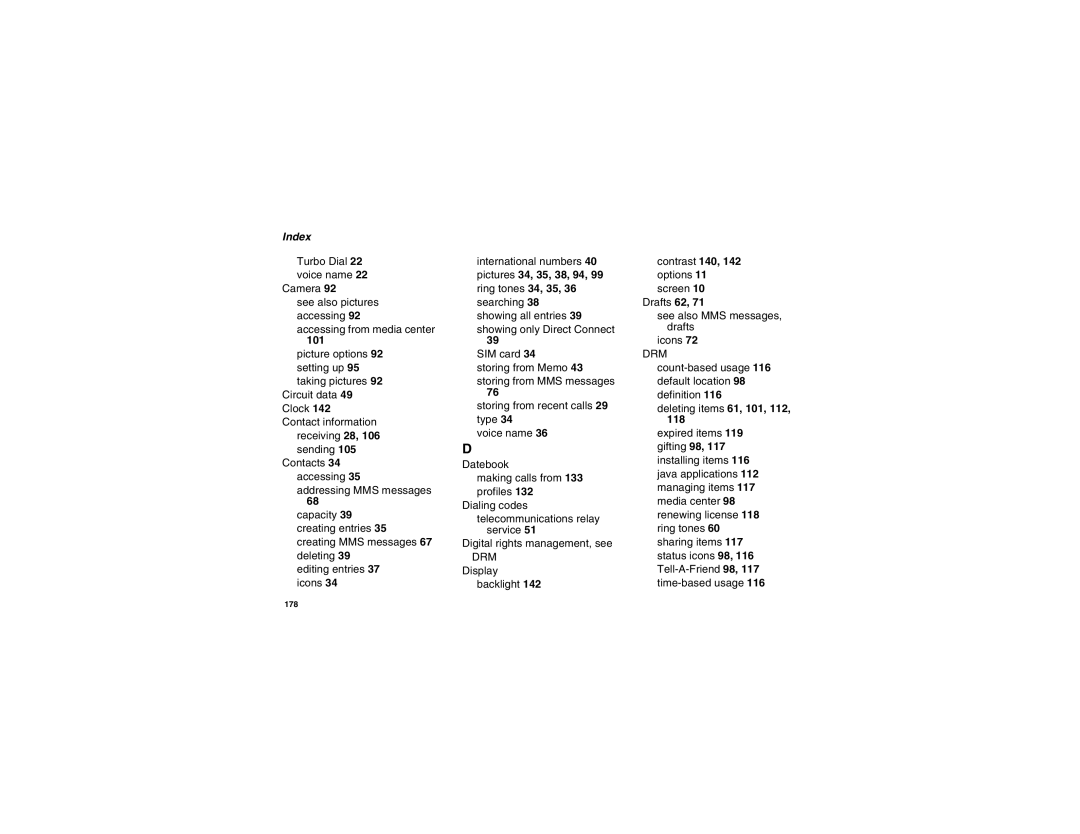 Motorola i855 manual Index, 101 