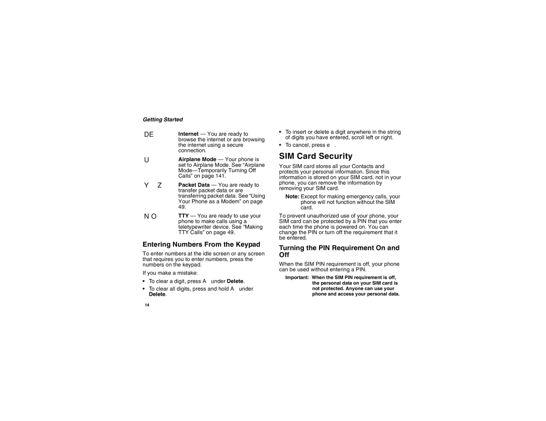 Motorola i855 manual SIM Card Security, Entering Numbers From the Keypad, Turning the PIN Requirement On and Off 