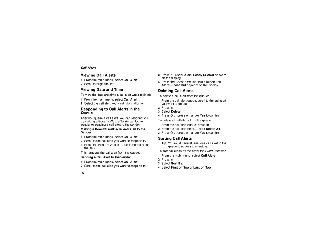 Motorola i855 Viewing Call Alerts, Viewing Date and Time, Responding to Call Alerts in the Queue, Deleting Call Alerts 