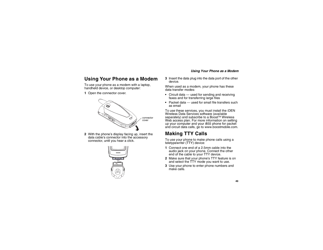 Motorola i855 manual Using Your Phone as a Modem, Making TTY Calls 