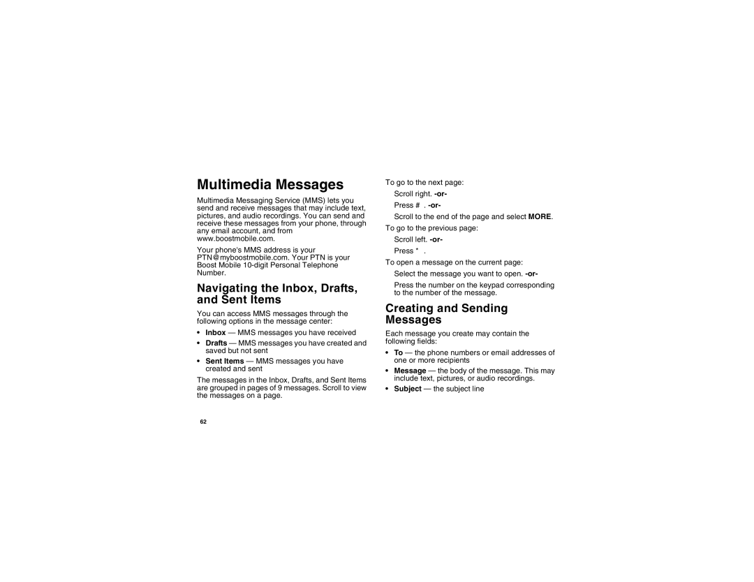 Motorola i855 manual Multimedia Messages, Navigating the Inbox, Drafts, and Sent Items, Creating and Sending Messages 