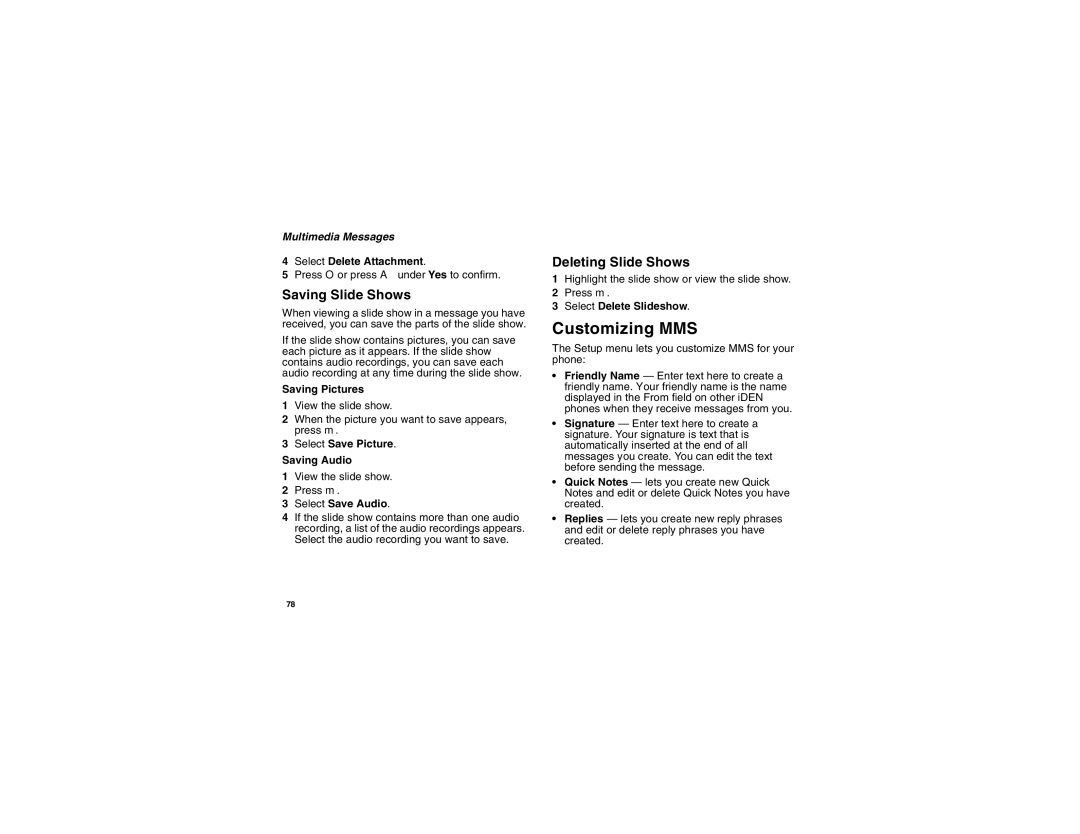 Motorola i855 manual Customizing MMS, Saving Slide Shows, Deleting Slide Shows 