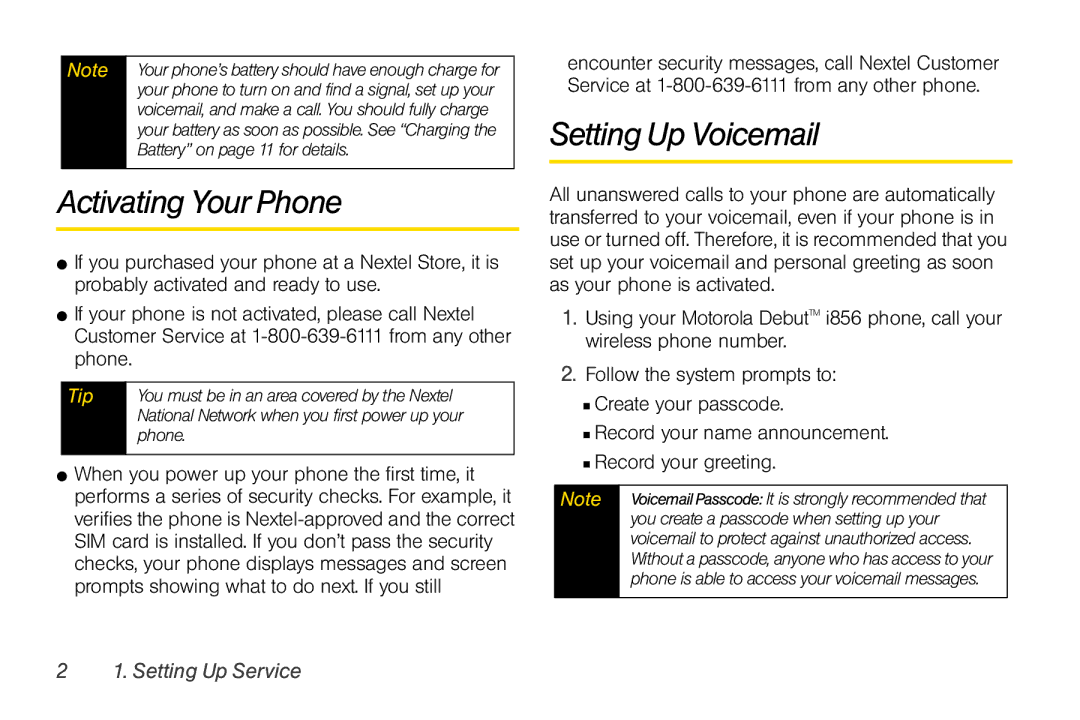 Motorola I856 manual Activating Your Phone, Setting Up Voicemail 